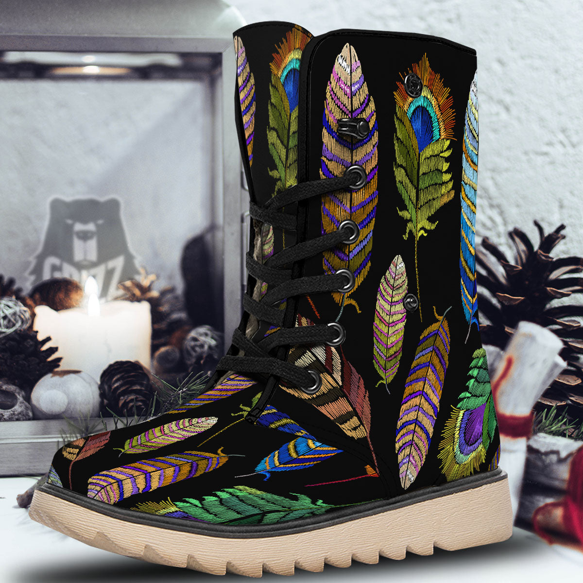 Feather Embroidery Peacock Print Snow Boots-grizzshop