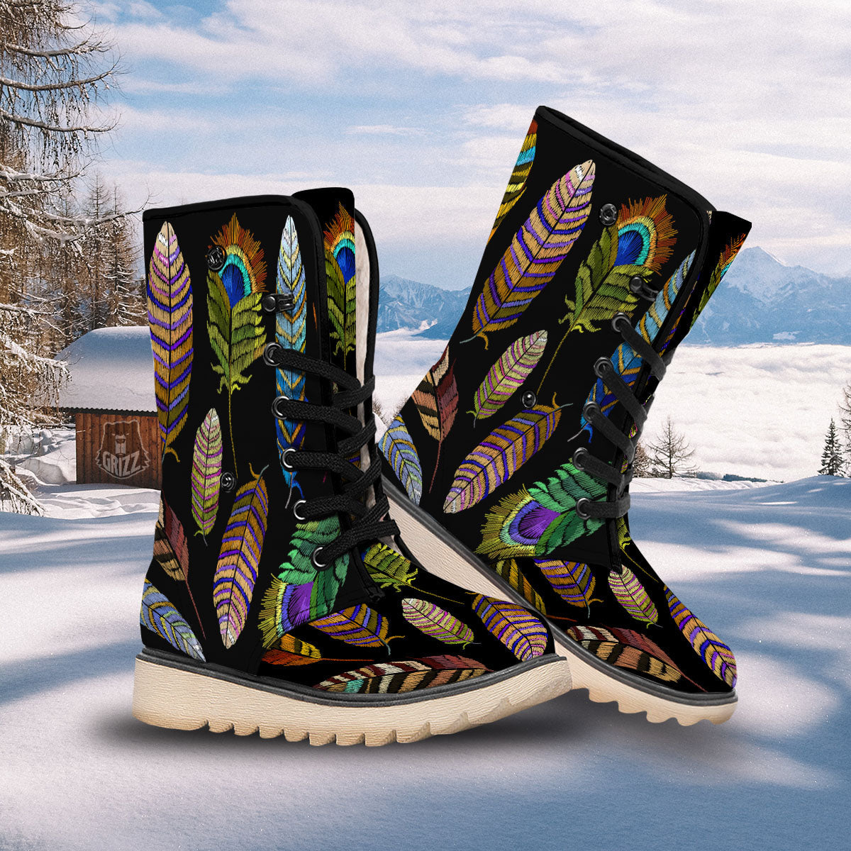 Feather Embroidery Peacock Print Snow Boots-grizzshop