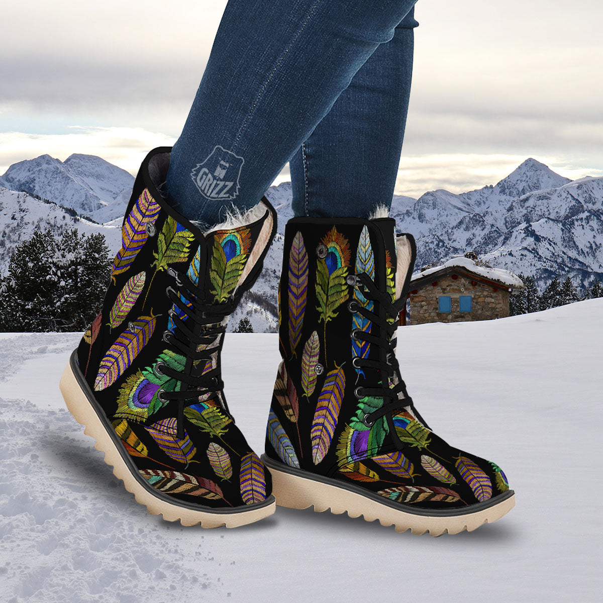 Feather Embroidery Peacock Print Snow Boots-grizzshop