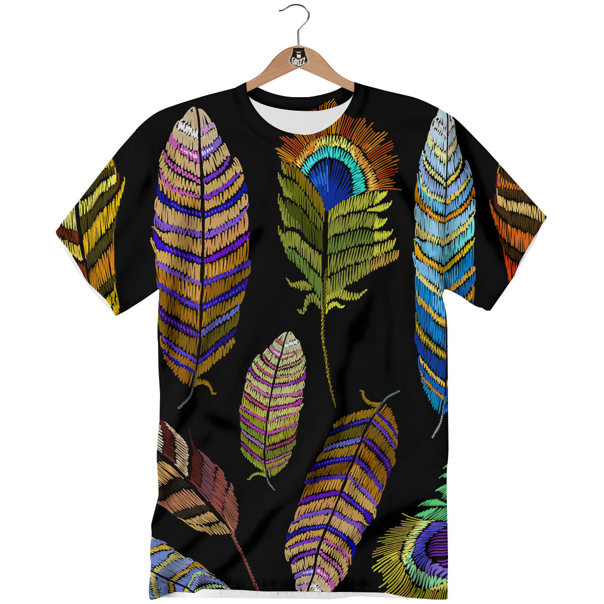 Feather Embroidery Peacock Print T-Shirt-grizzshop