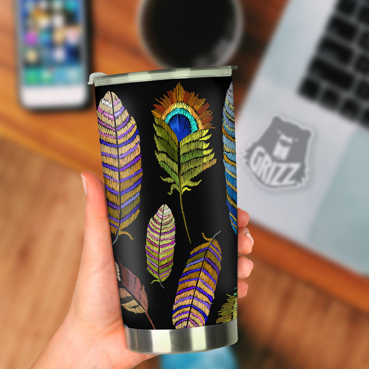 Feather Embroidery Peacock Print Tumbler-grizzshop