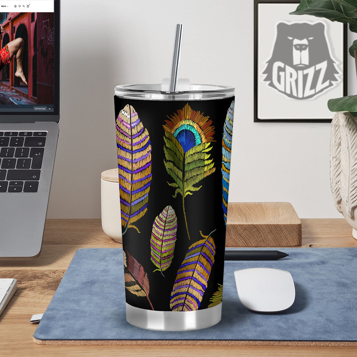 Feather Embroidery Peacock Print Tumbler-grizzshop