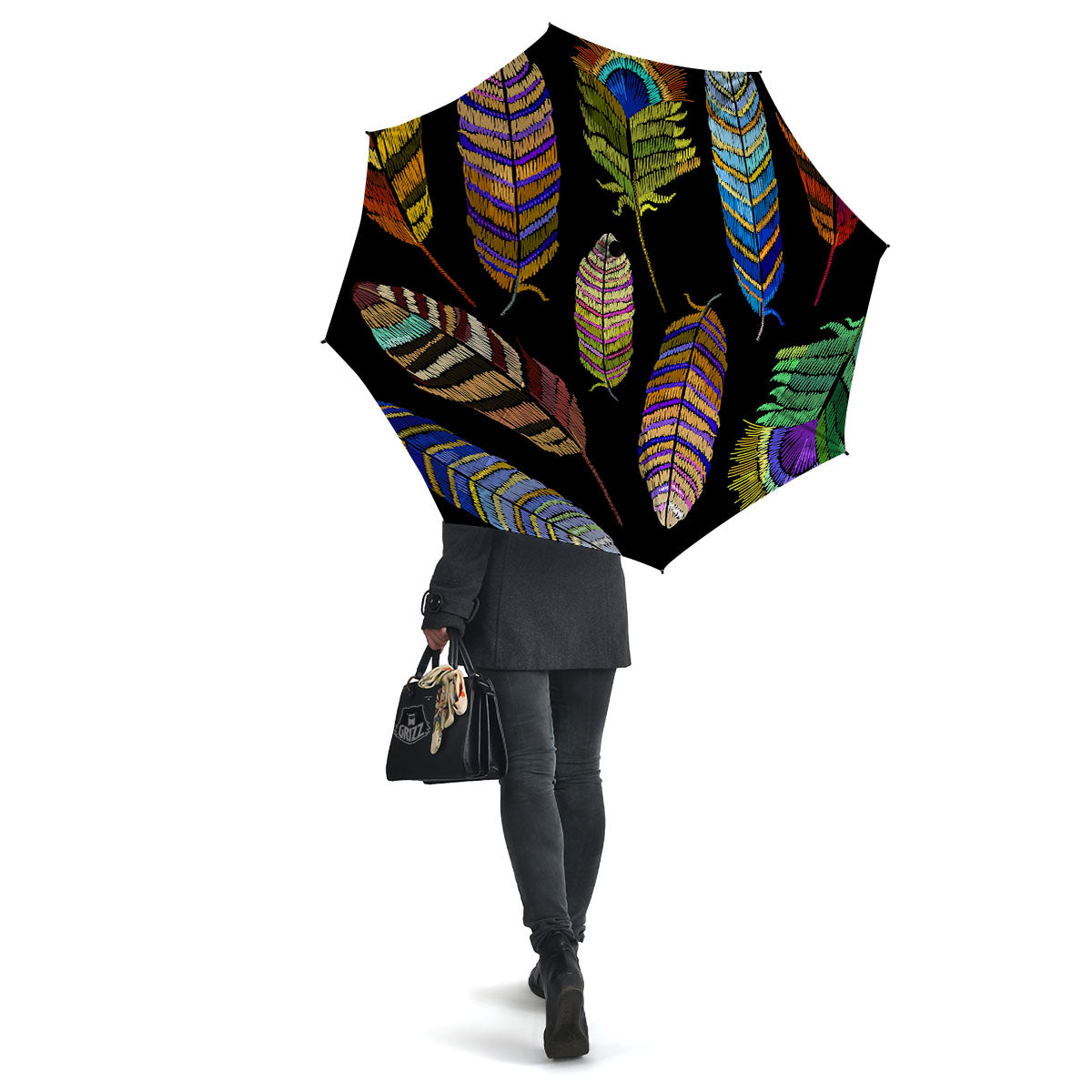 Feather Embroidery Peacock Print Umbrella-grizzshop