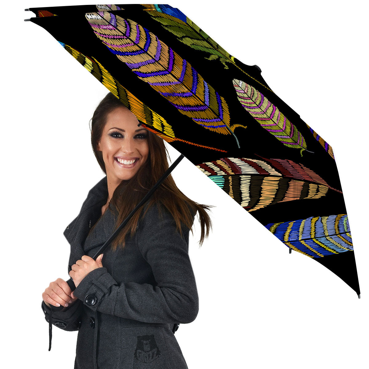 Feather Embroidery Peacock Print Umbrella-grizzshop