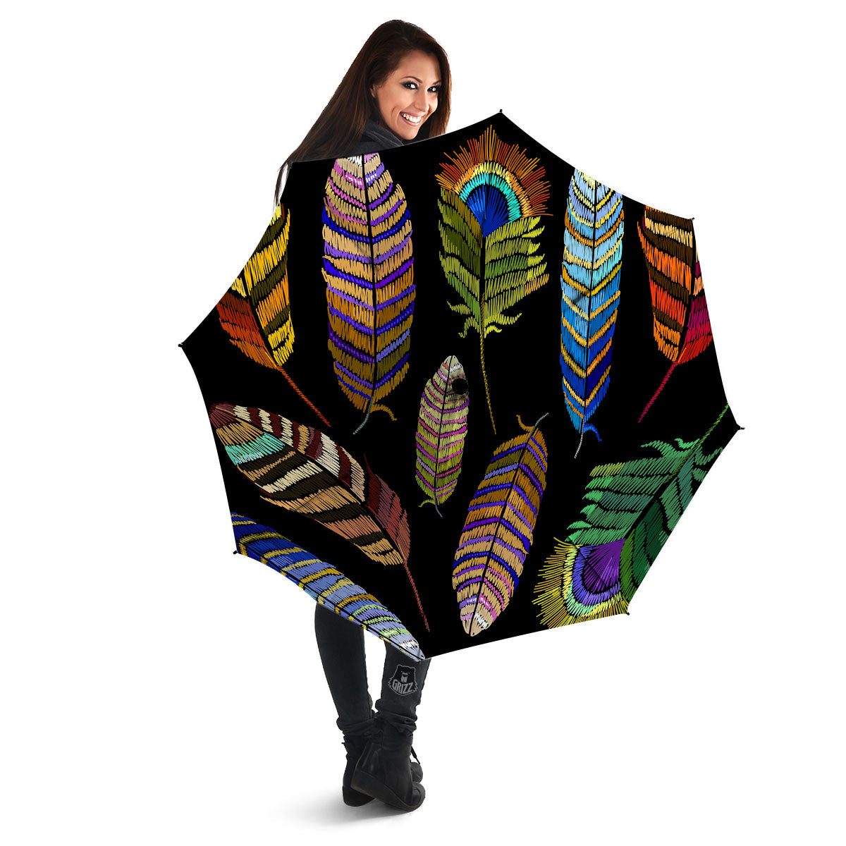 Feather Embroidery Peacock Print Umbrella-grizzshop