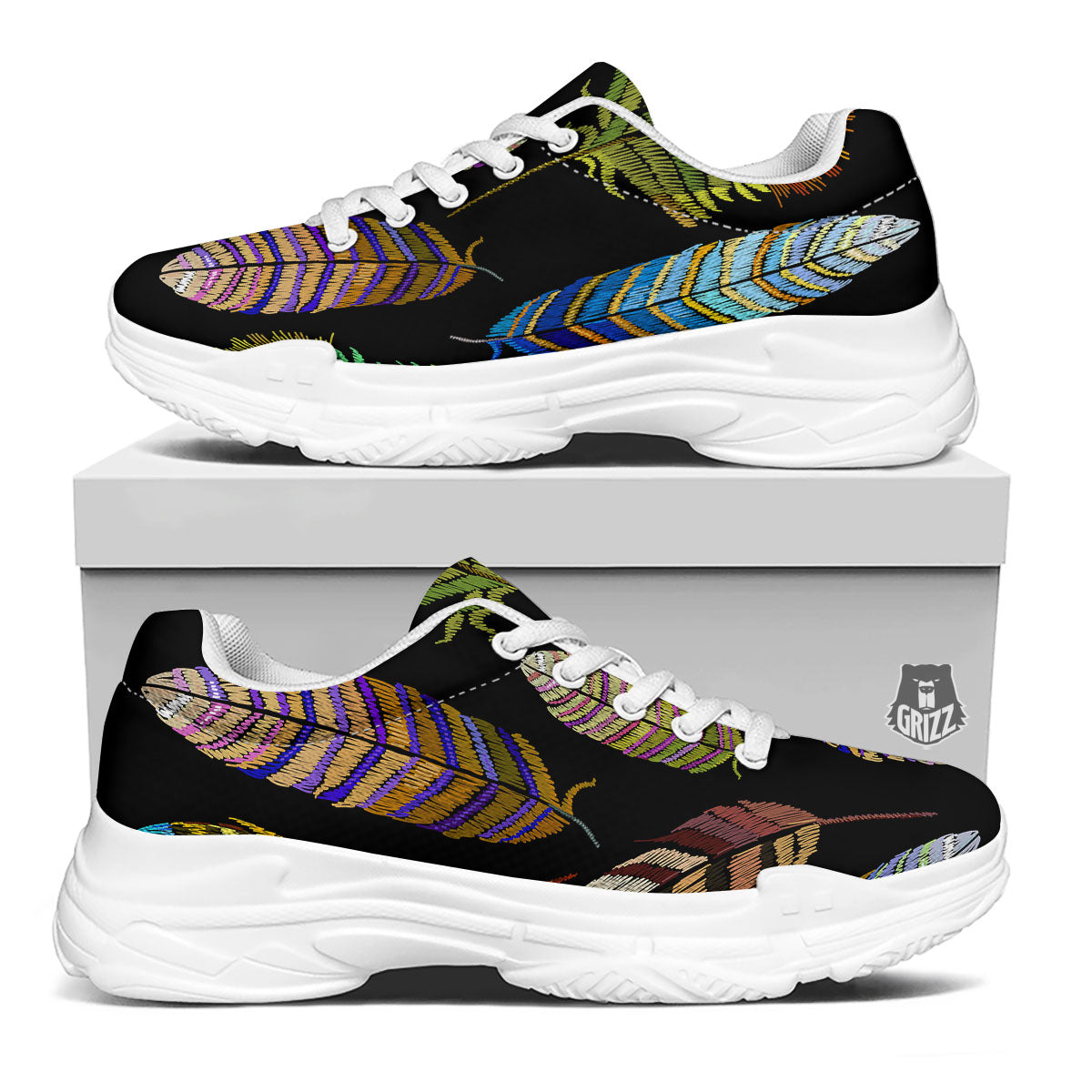 Feather Embroidery Peacock Print White Chunky Shoes-grizzshop