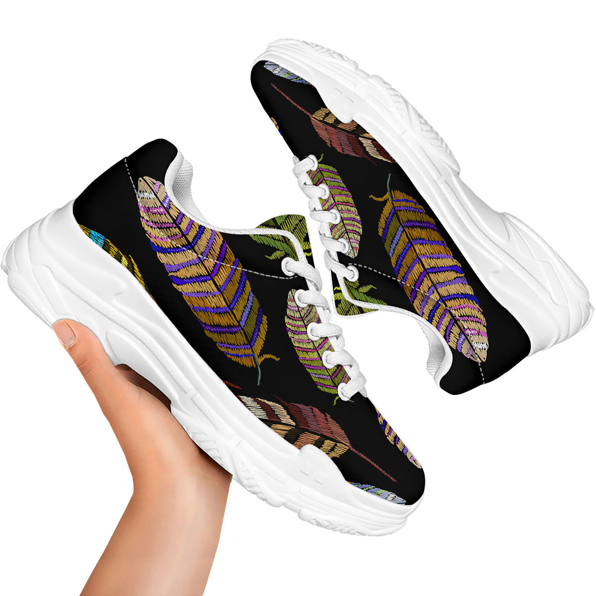 Feather Embroidery Peacock Print White Chunky Shoes-grizzshop
