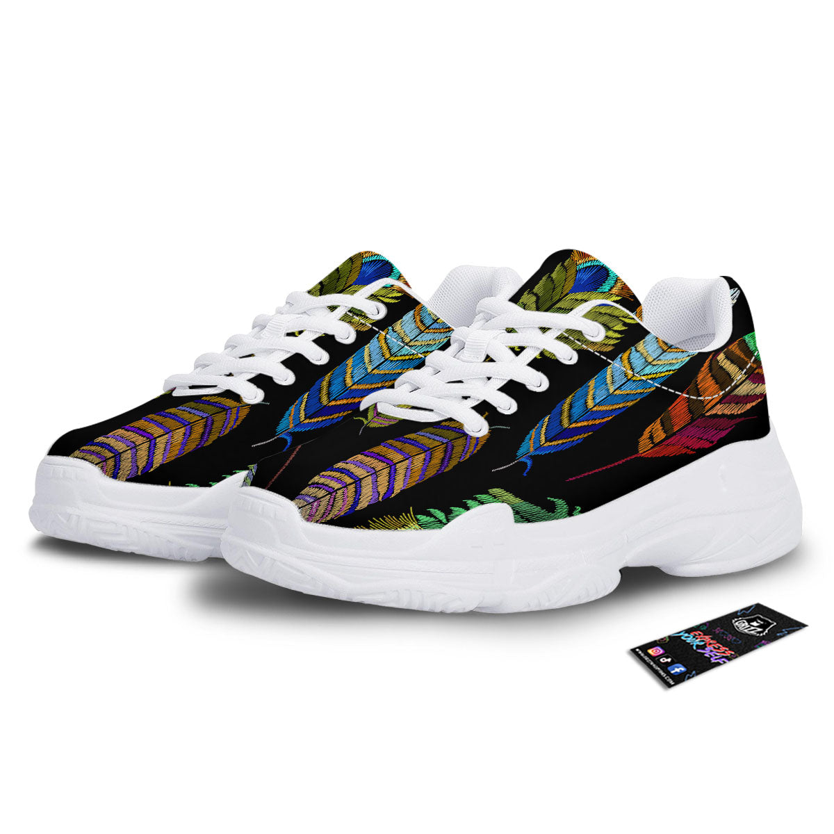 Feather Embroidery Peacock Print White Chunky Shoes-grizzshop