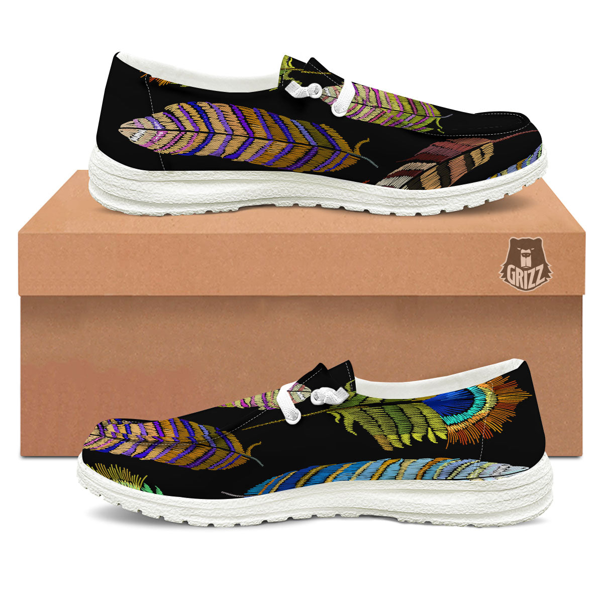 Feather Embroidery Peacock Print White Loafers-grizzshop