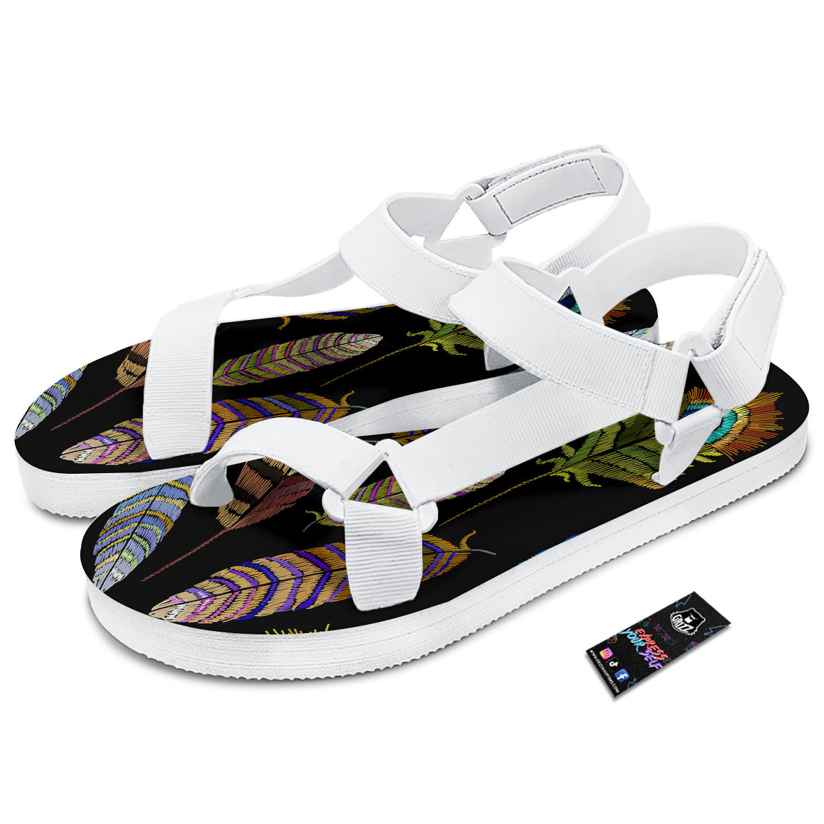 Feather Embroidery Peacock Print White Open Toe Sandals-grizzshop