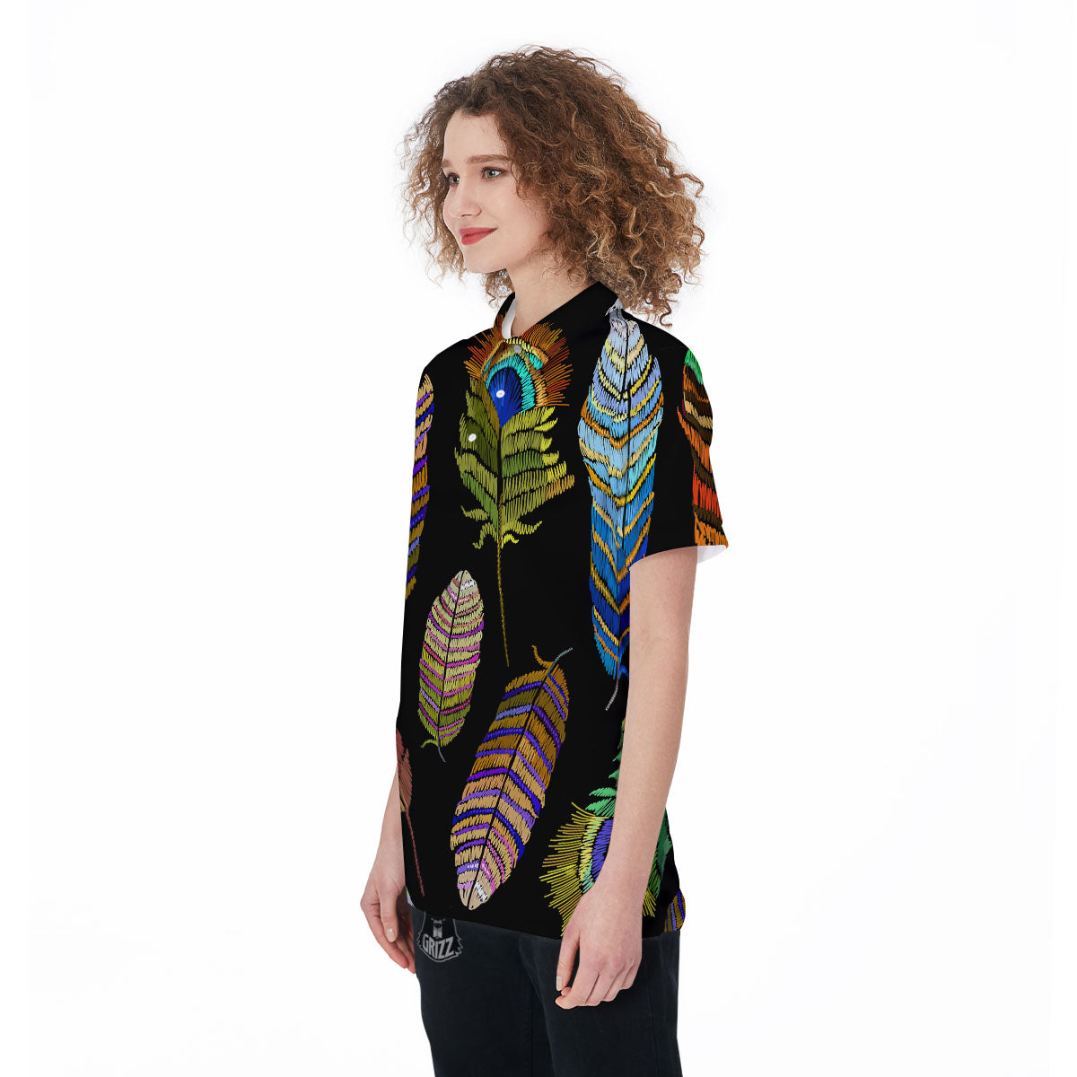 Feather Embroidery Peacock Print Women's Golf Shirts-grizzshop