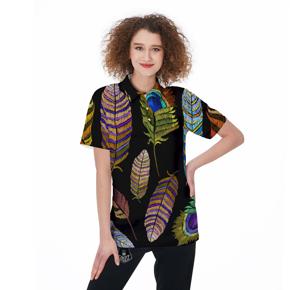 Feather Embroidery Peacock Print Women's Golf Shirts-grizzshop