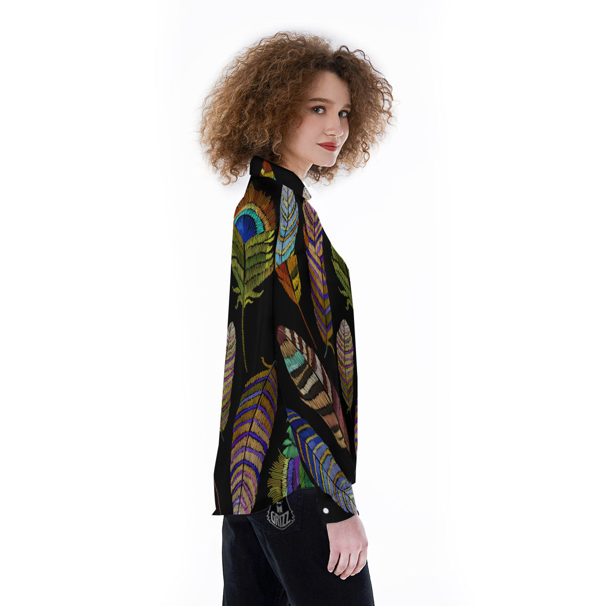 Feather Embroidery Peacock Print Women's Long Sleeve Shirts-grizzshop