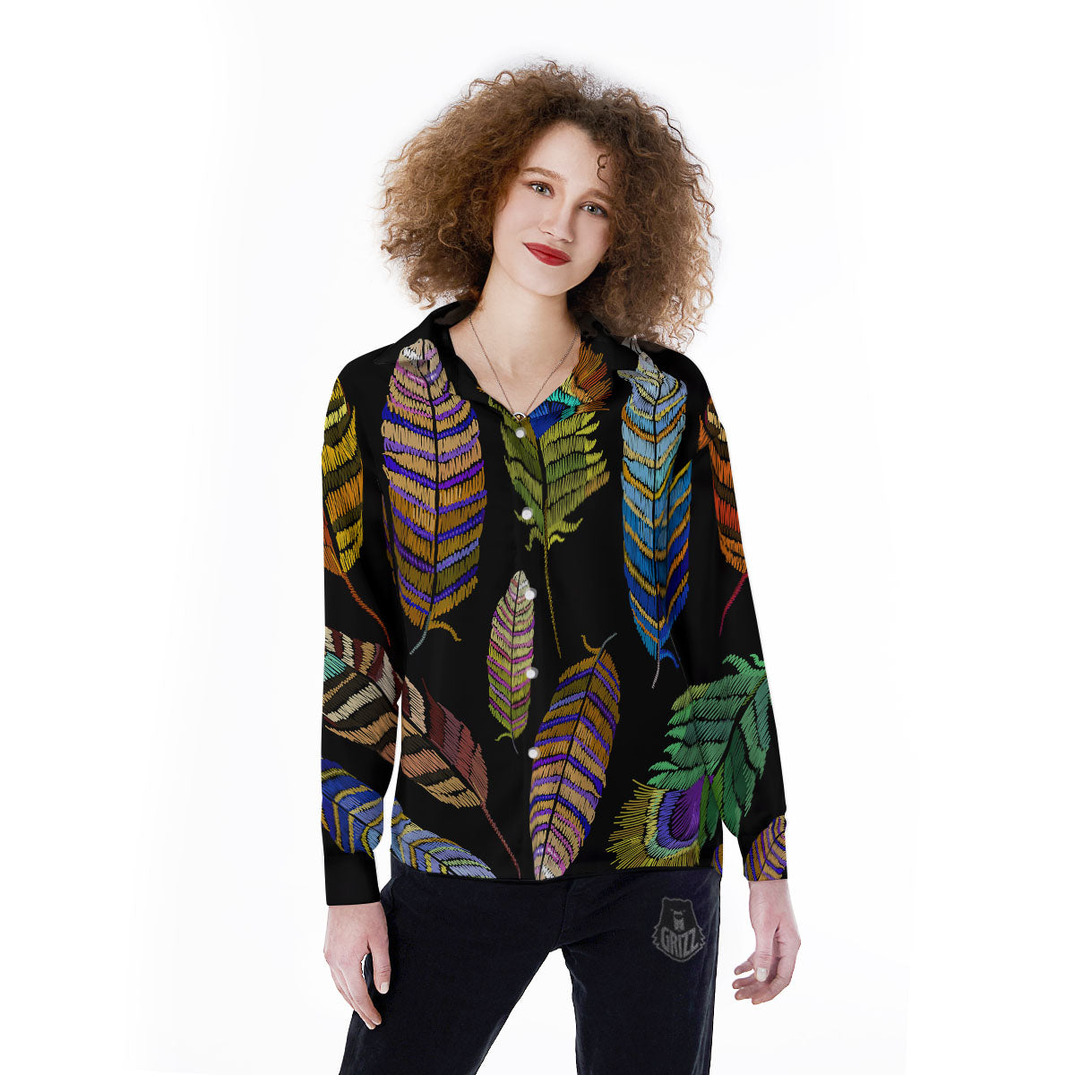 Feather Embroidery Peacock Print Women's Long Sleeve Shirts-grizzshop