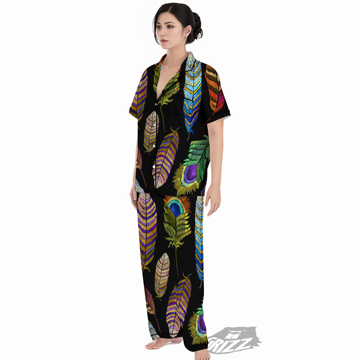 Feather Embroidery Peacock Print Women's Pajamas Set-grizzshop