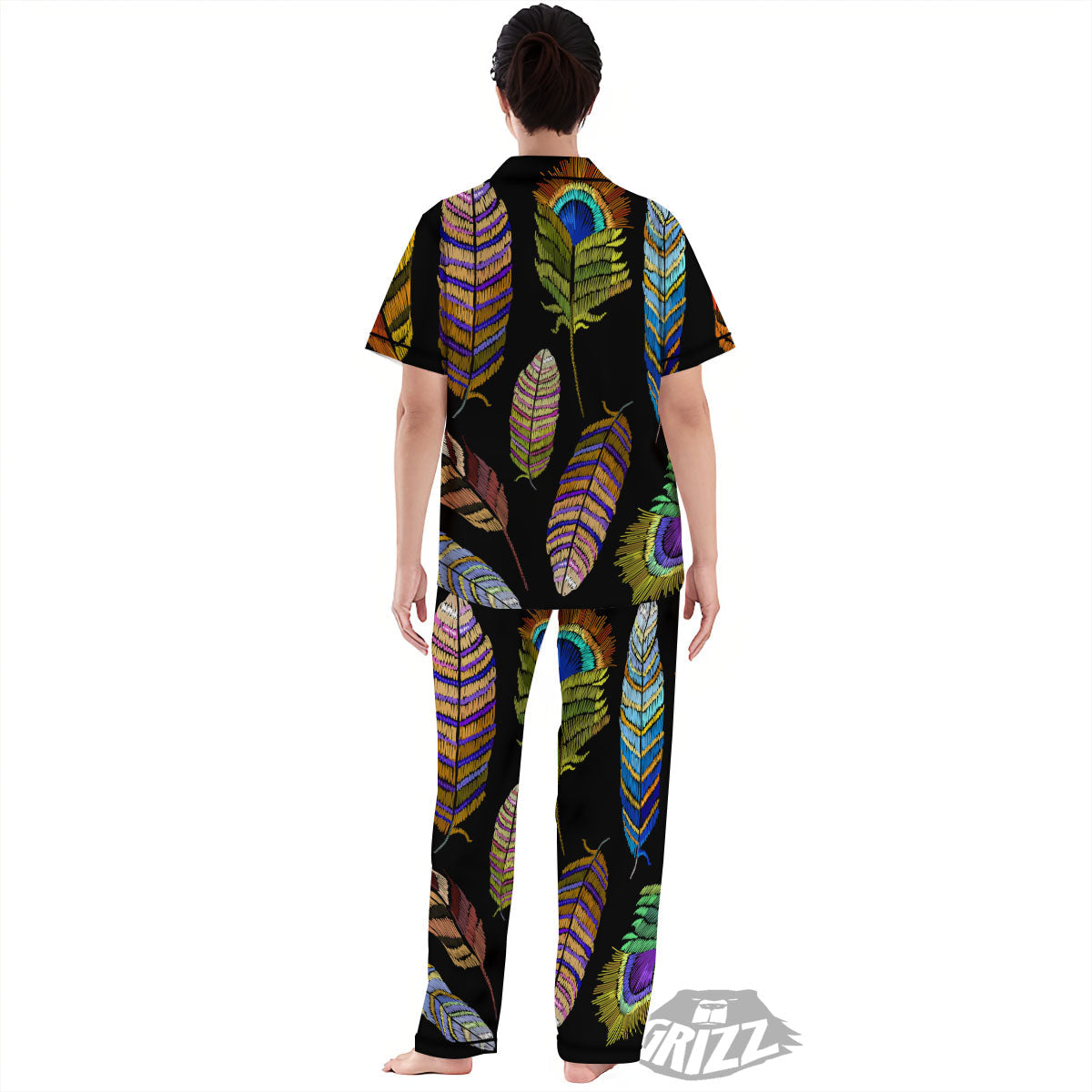 Feather Embroidery Peacock Print Women's Pajamas Set-grizzshop