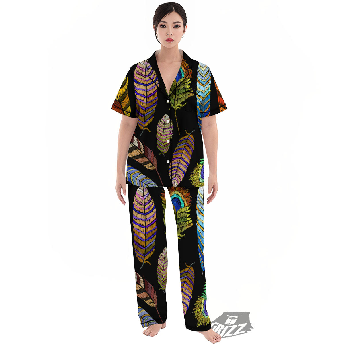 Feather Embroidery Peacock Print Women's Pajamas Set-grizzshop