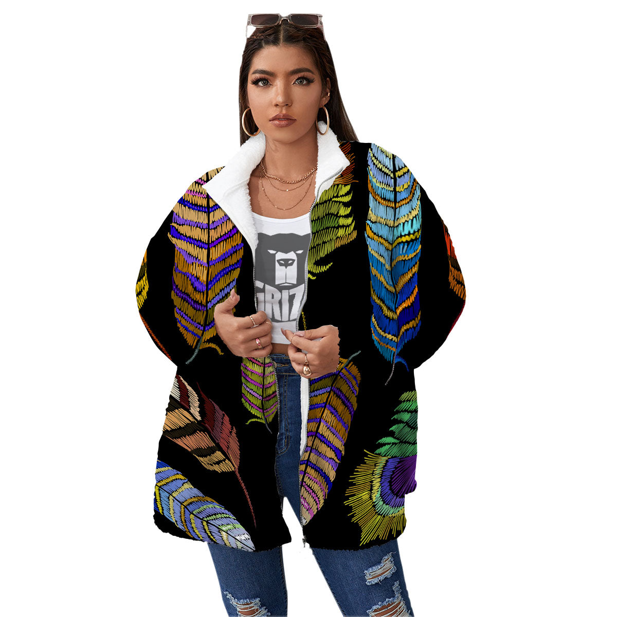 Feather Embroidery Peacock Print Women's Sherpa Jacket-grizzshop