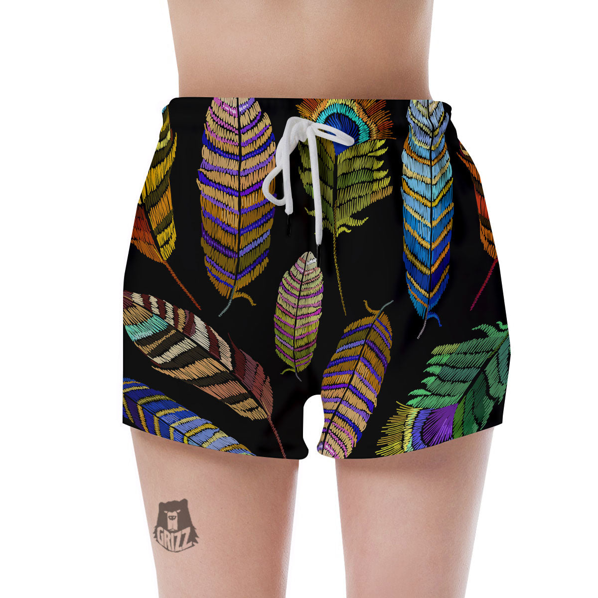 Feather Embroidery Peacock Print Women's Shorts-grizzshop