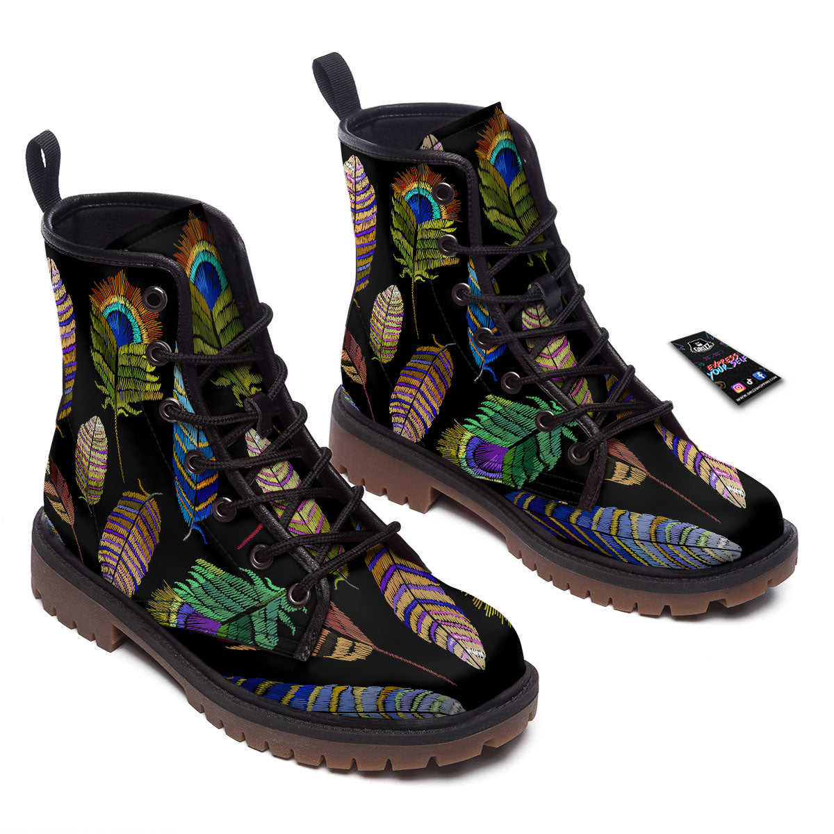 Feather Embroidery Peacock Print Work Boots-grizzshop