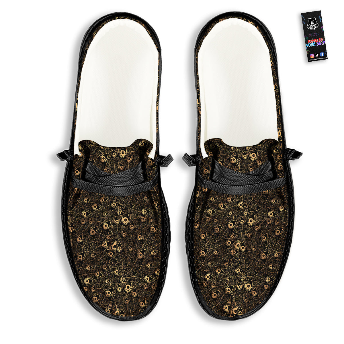 Feather Gold And Black Print Pattern Black Loafers-grizzshop