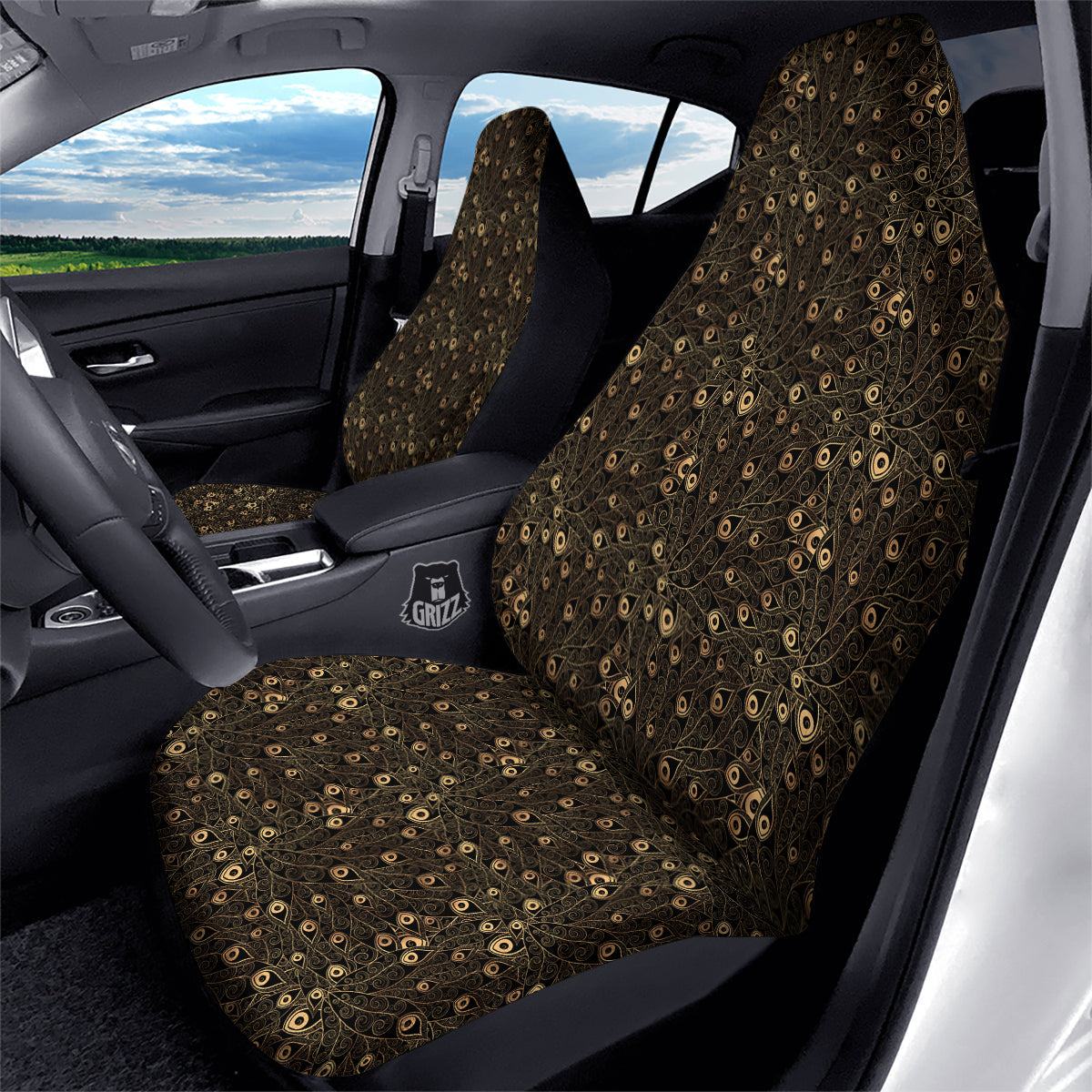 Feather Gold And Black Print Pattern Car Seat Covers-grizzshop