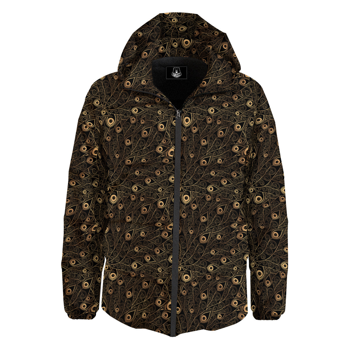 Feather Gold And Black Print Pattern Down Jacket-grizzshop