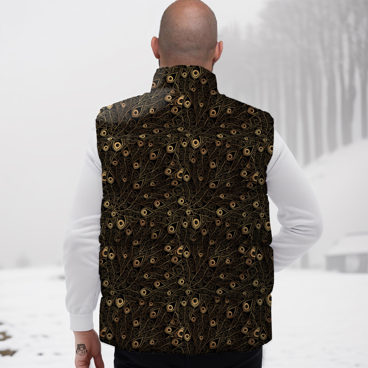 Feather Gold And Black Print Pattern Down Vest