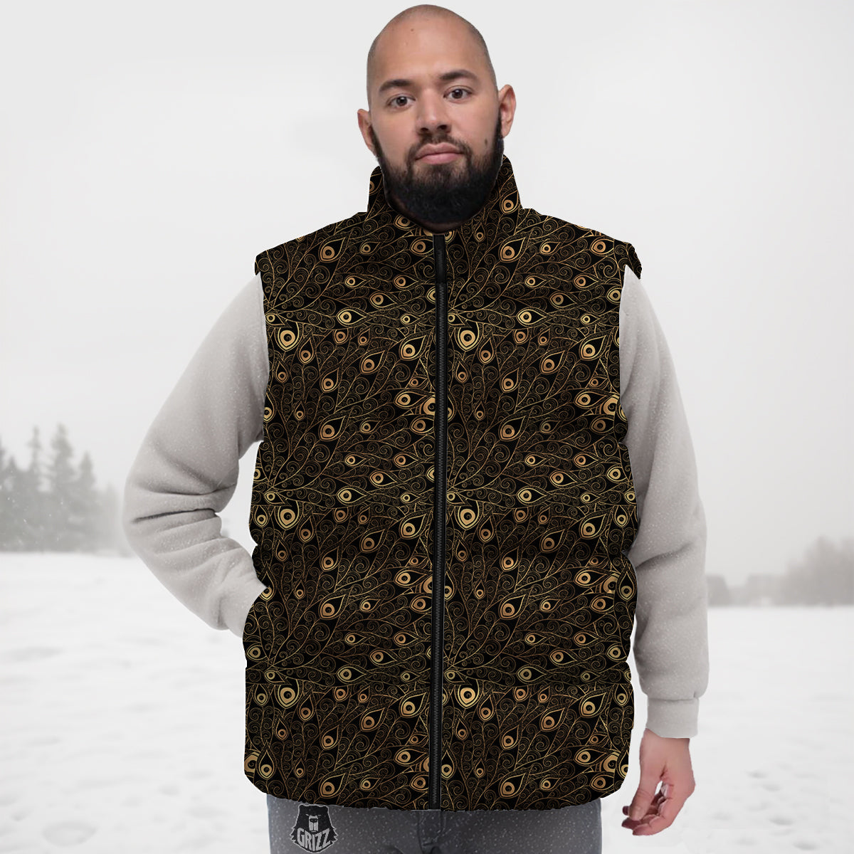 Feather Gold And Black Print Pattern Down Vest