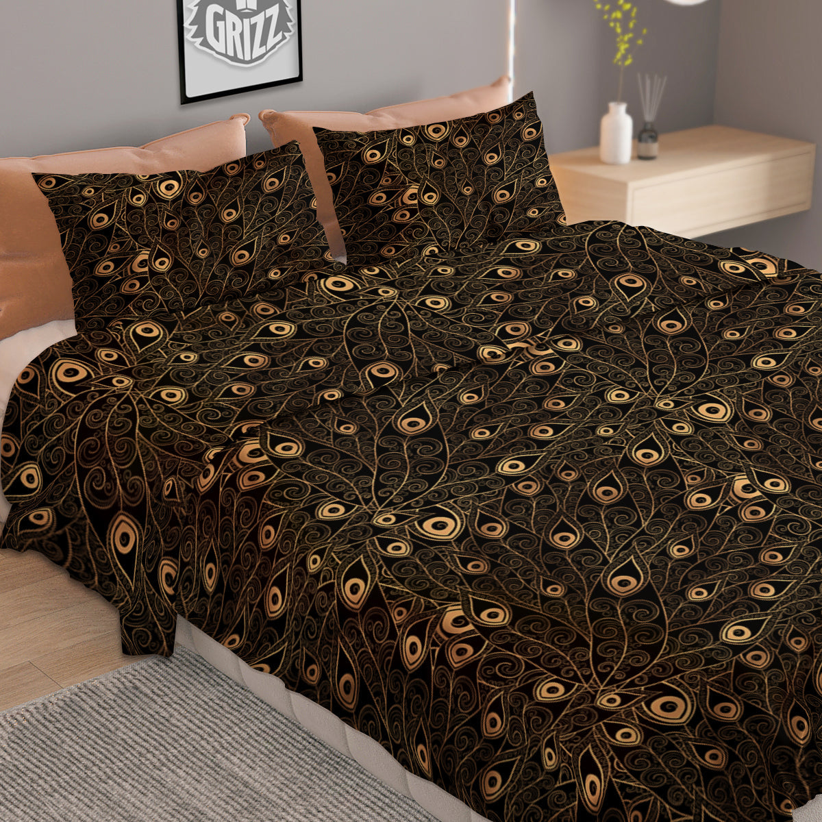Feather Gold And Black Print Pattern Duvet Cover Bedding Set