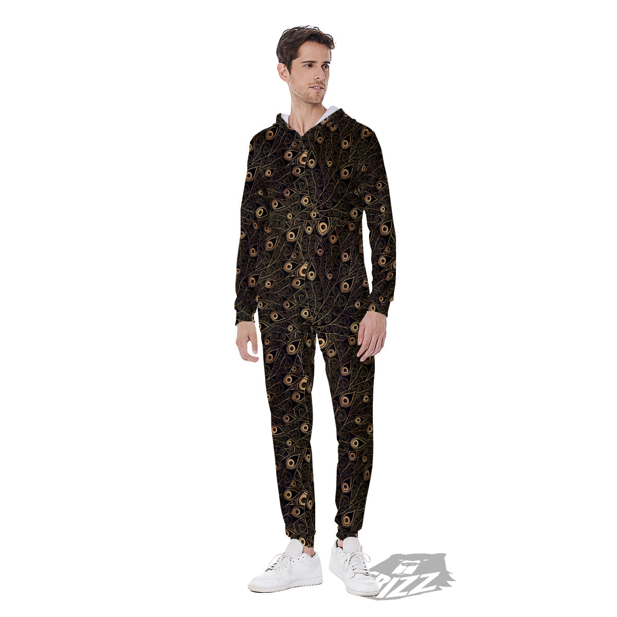Feather Gold And Black Print Pattern Men's Jumpsuit-grizzshop