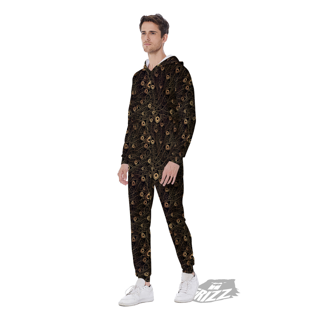 Feather Gold And Black Print Pattern Men's Jumpsuit-grizzshop
