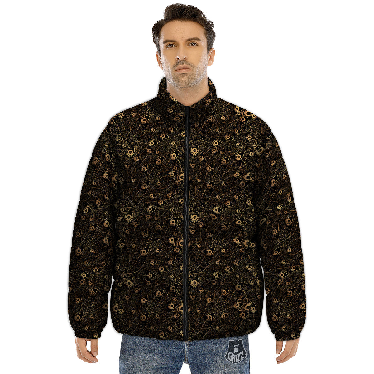 Feather Gold And Black Print Pattern Puffer Jacket-grizzshop