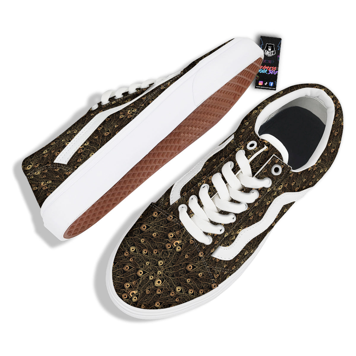 Feather Gold And Black Print Pattern Skate Shoes-grizzshop