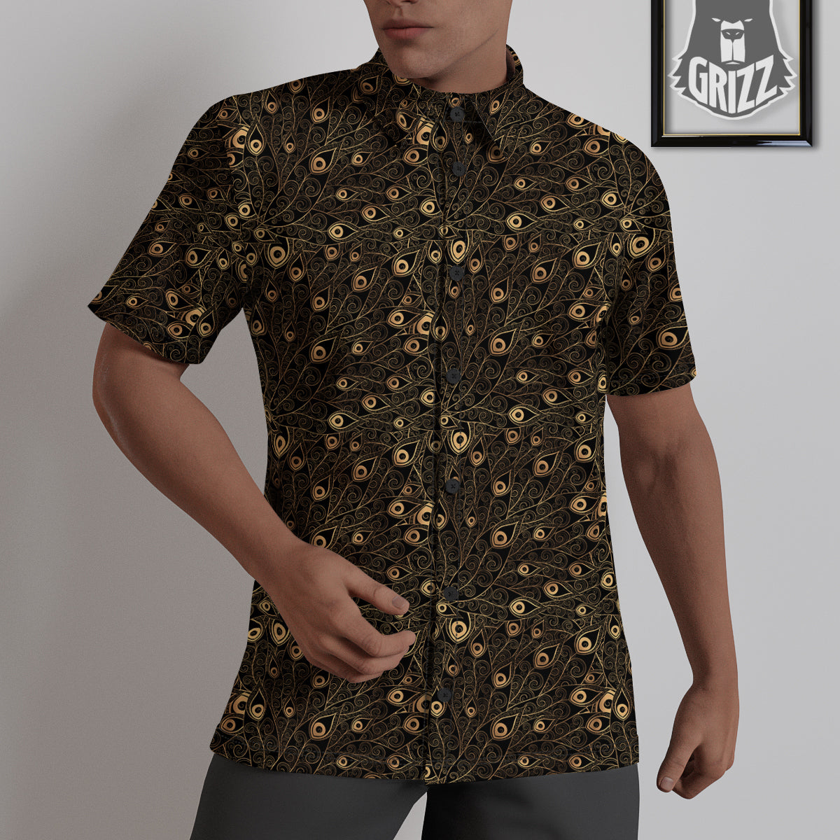 Feather Gold And Black Print Pattern Untucked Shirts-grizzshop