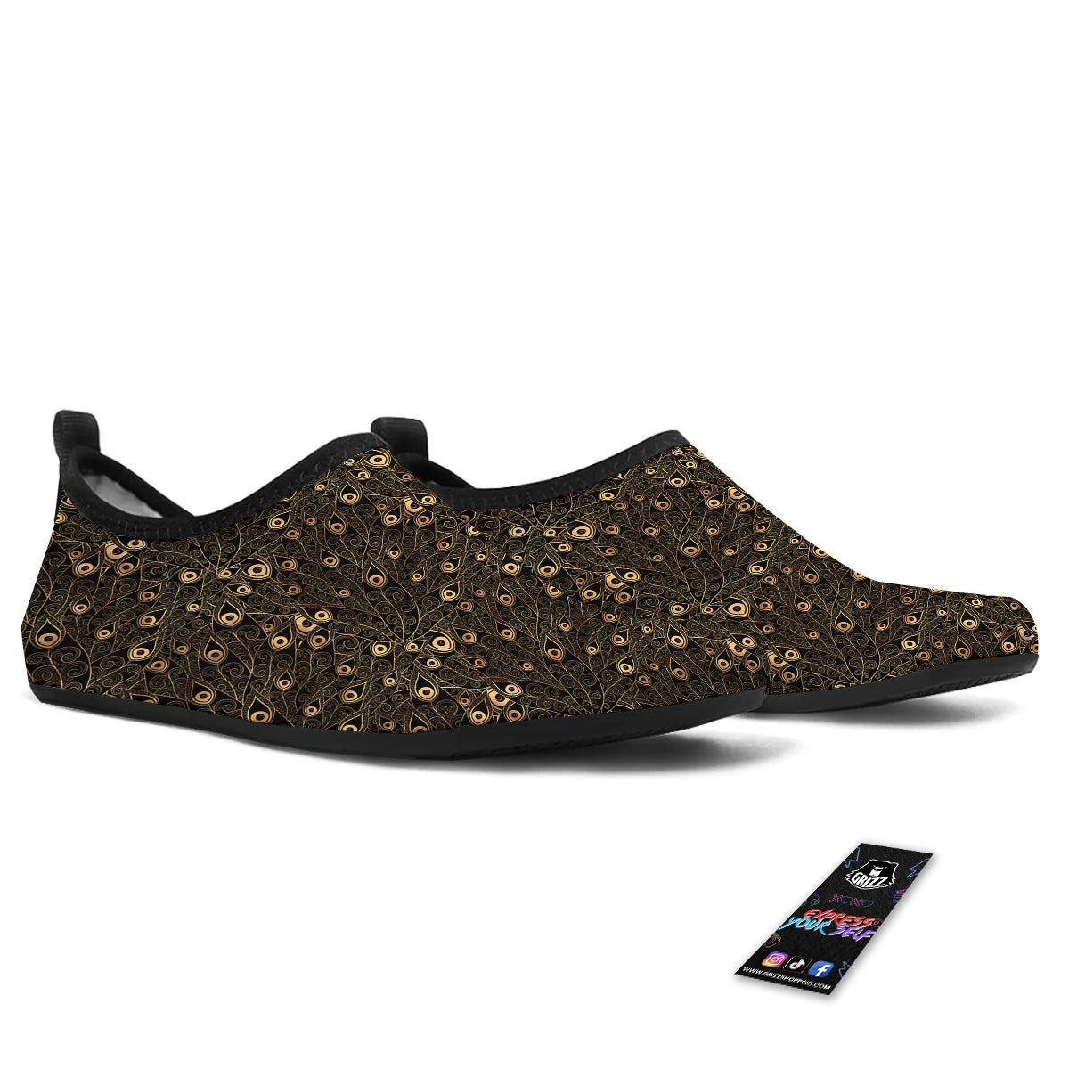 Feather Gold And Black Print Pattern Water Shoes-grizzshop