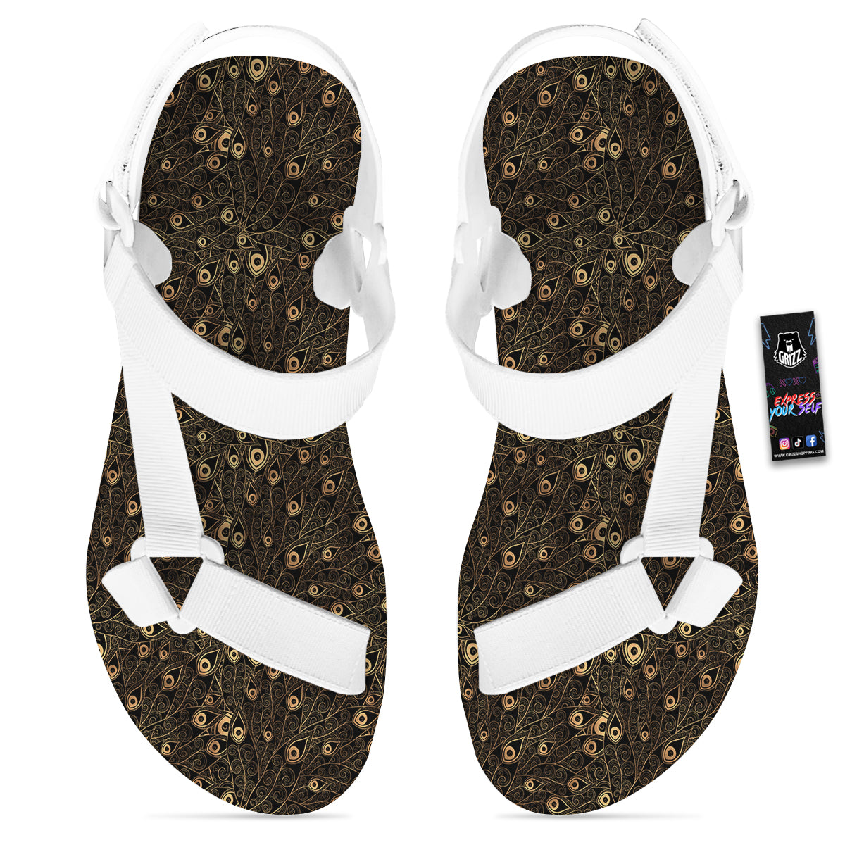 Feather Gold And Black Print Pattern White Open Toe Sandals-grizzshop