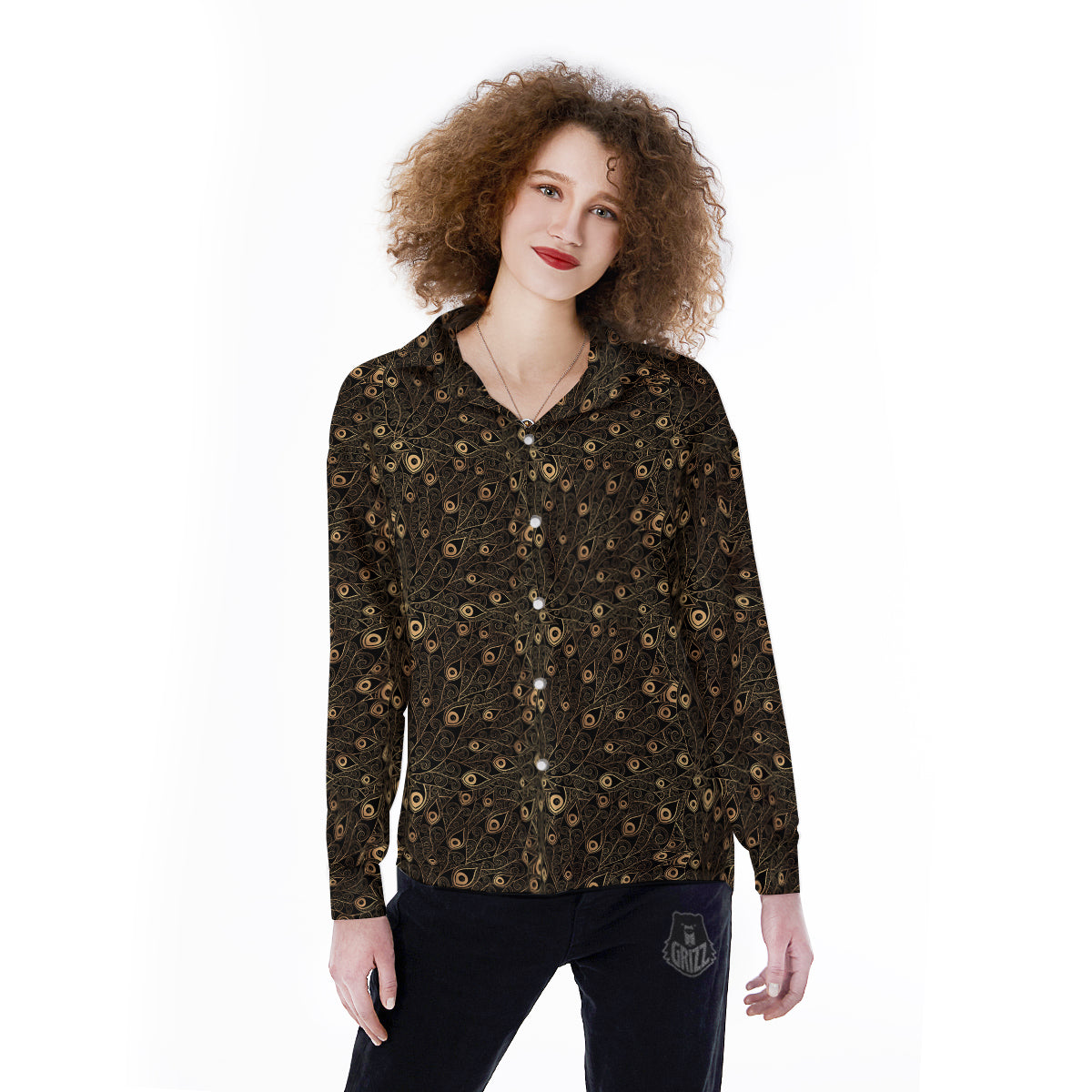 Feather Gold And Black Print Pattern Women's Long Sleeve Shirts-grizzshop