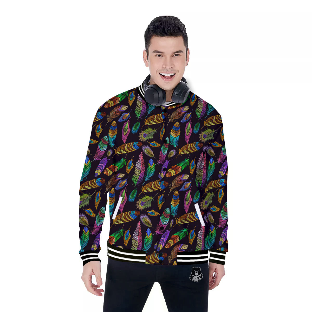 Feather Native Print Pattern Baseball Jacket-grizzshop