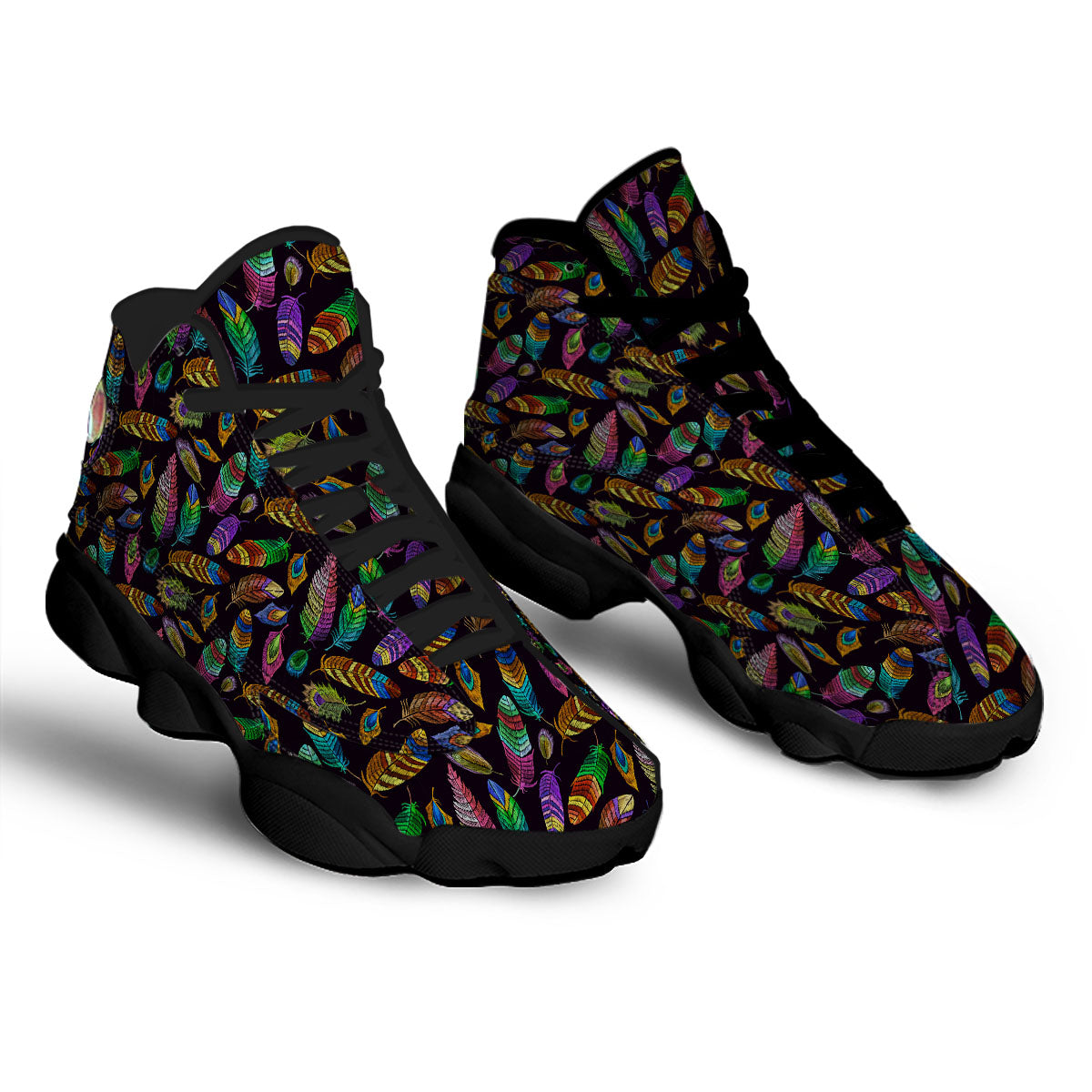 Feather Native Print Pattern Black Basketball Shoes-grizzshop