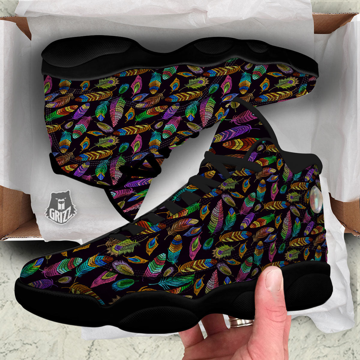 Feather Native Print Pattern Black Basketball Shoes-grizzshop