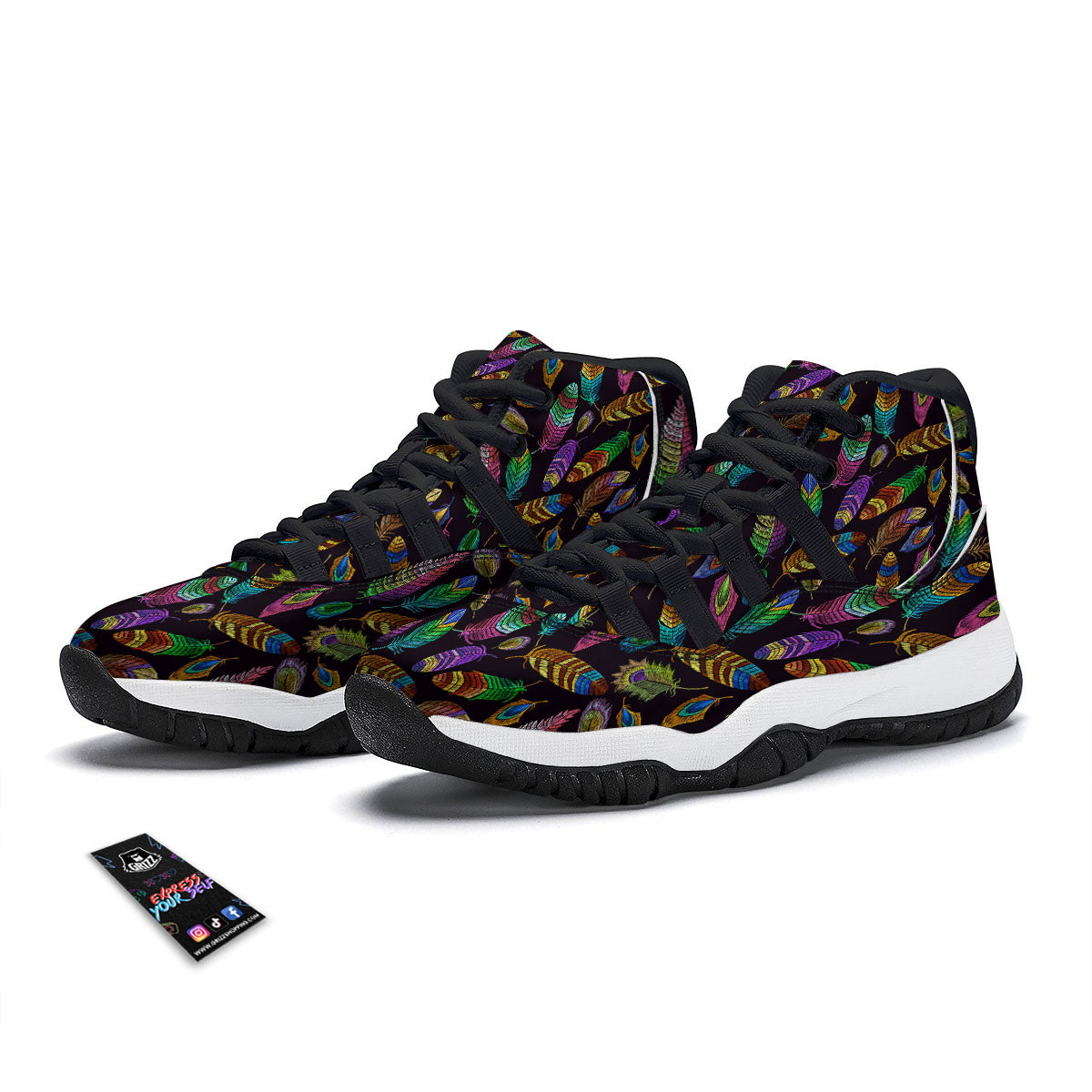 Feather Native Print Pattern Black Bball Shoes-grizzshop