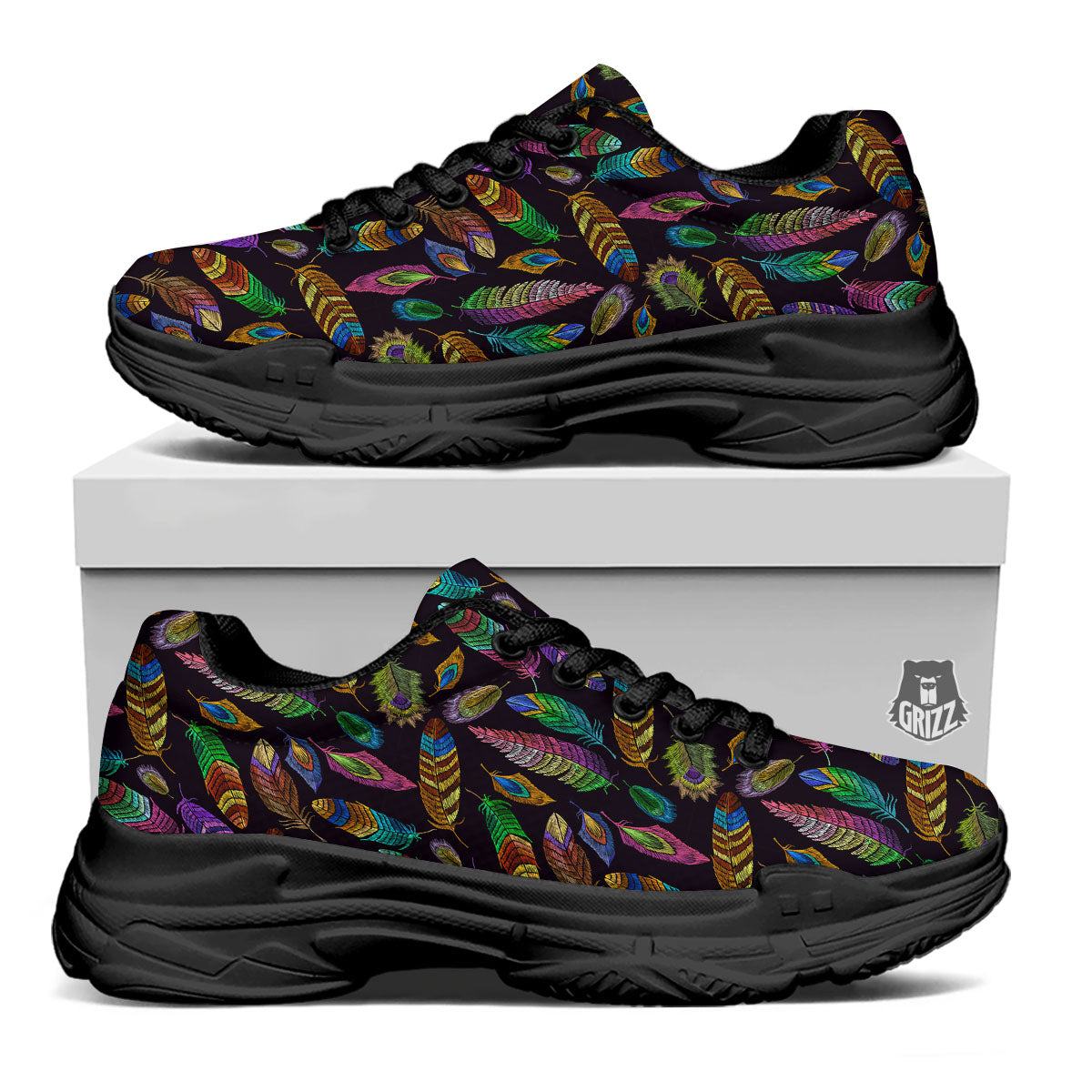 Feather Native Print Pattern Black Chunky Shoes-grizzshop