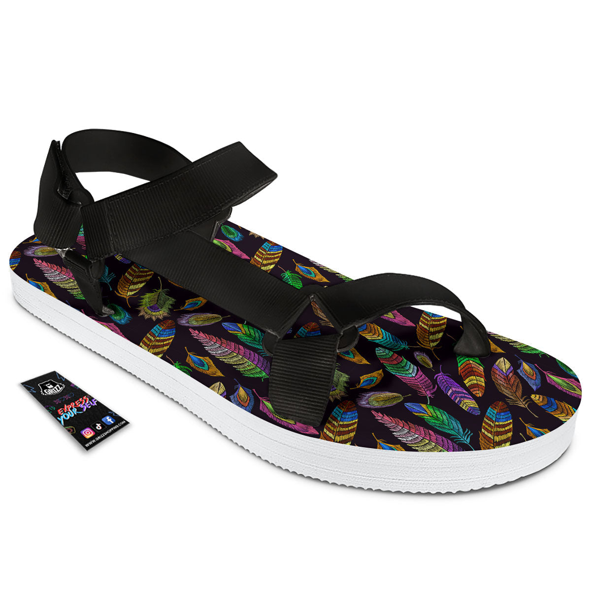 Feather Native Print Pattern Black Open Toe Sandals-grizzshop