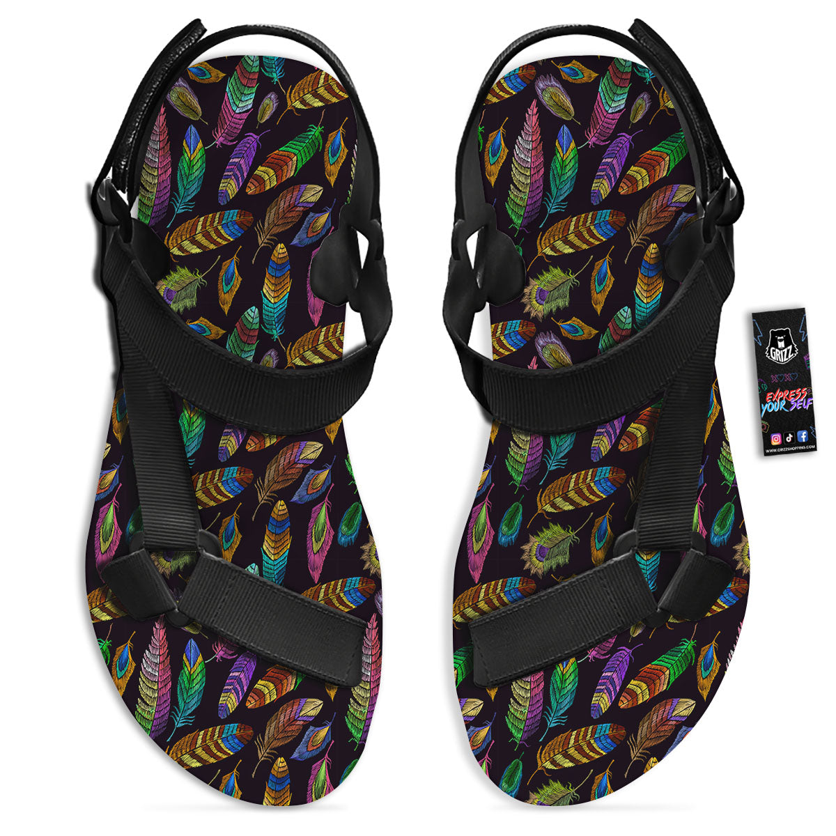 Feather Native Print Pattern Black Open Toe Sandals-grizzshop
