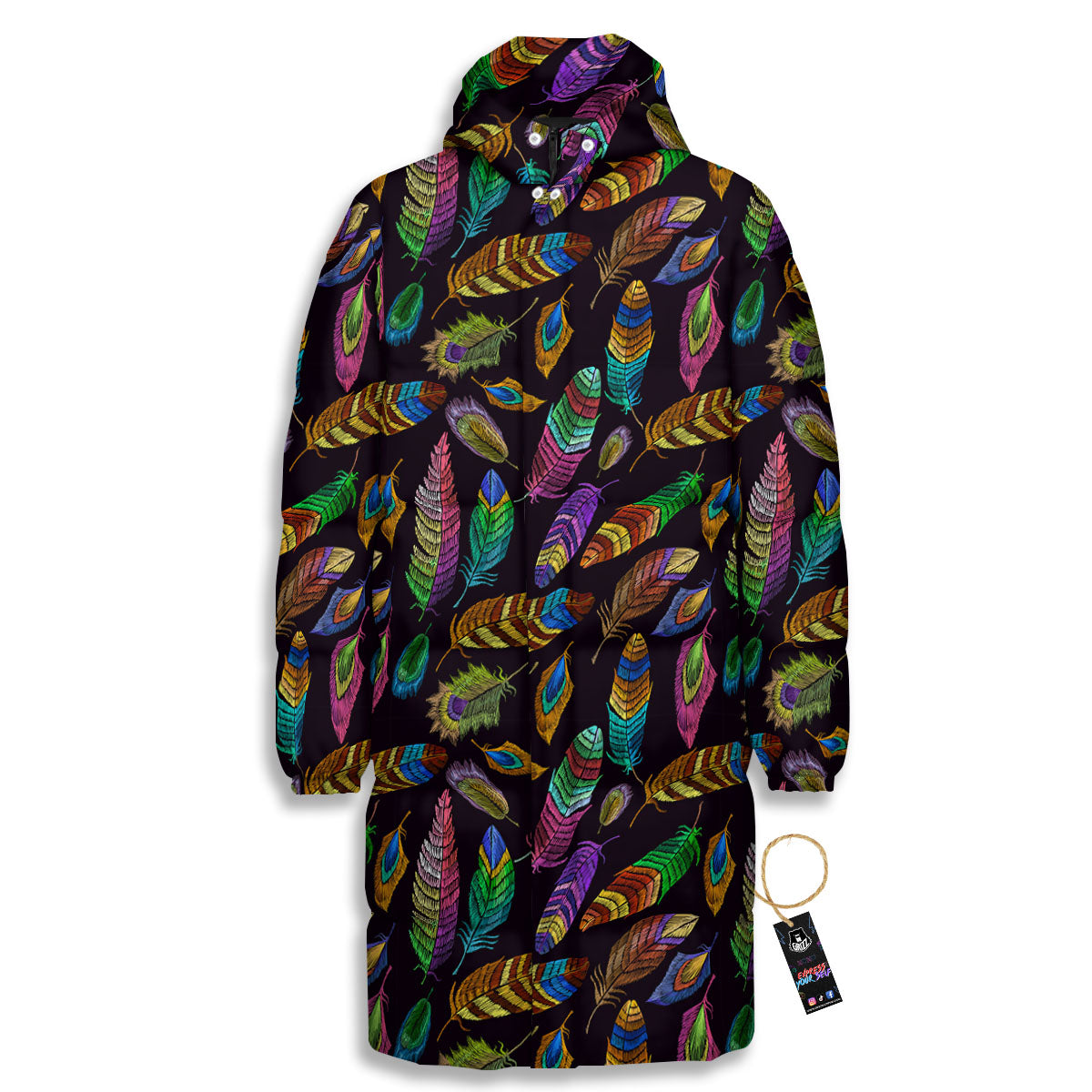 Feather Native Print Pattern Long Down Jacket-grizzshop