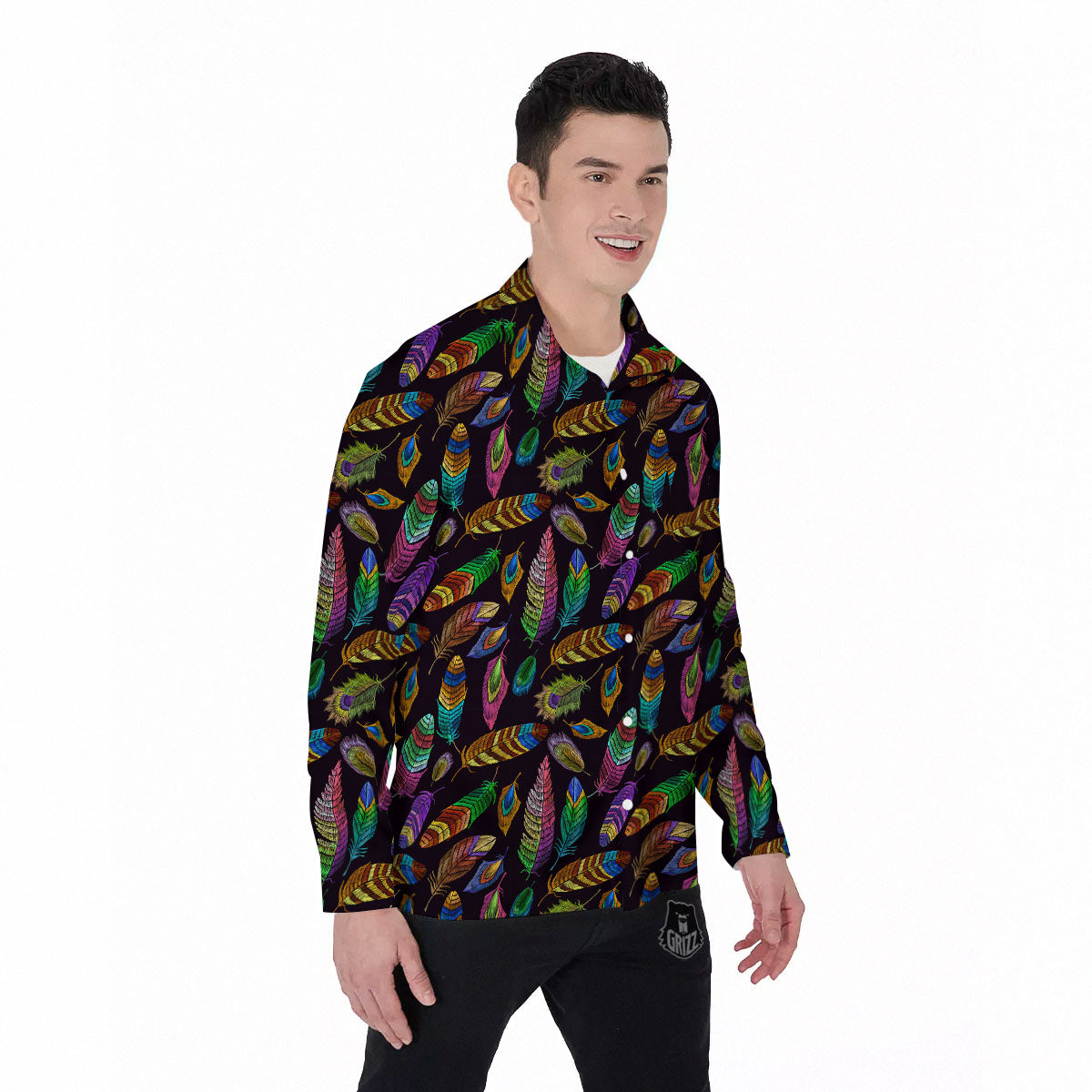 Feather Native Print Pattern Men's Long Sleeve Shirts-grizzshop