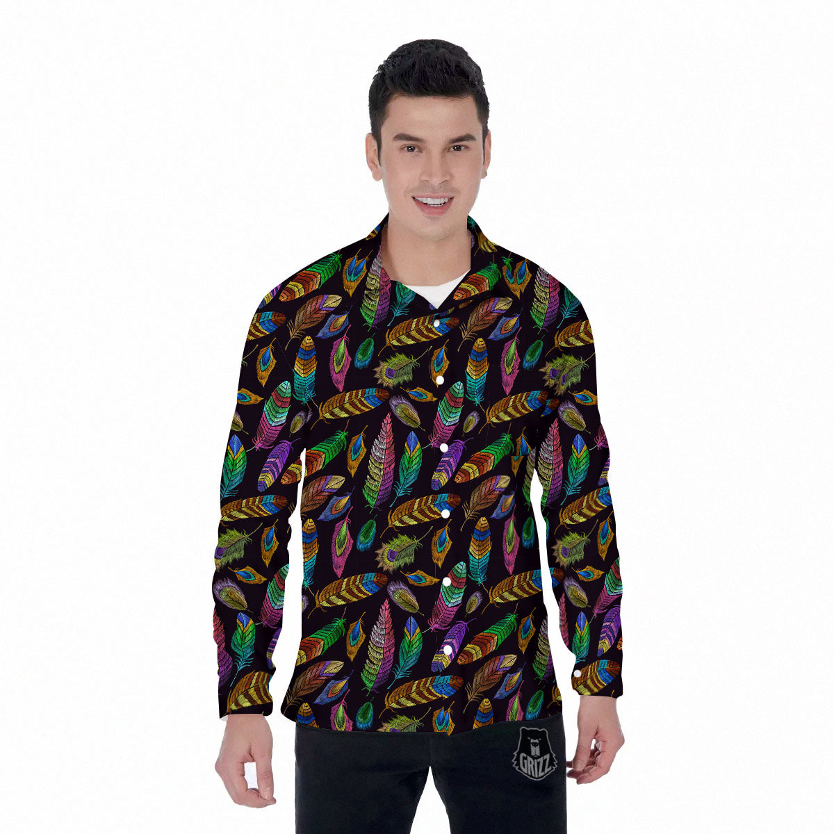 Feather Native Print Pattern Men's Long Sleeve Shirts-grizzshop