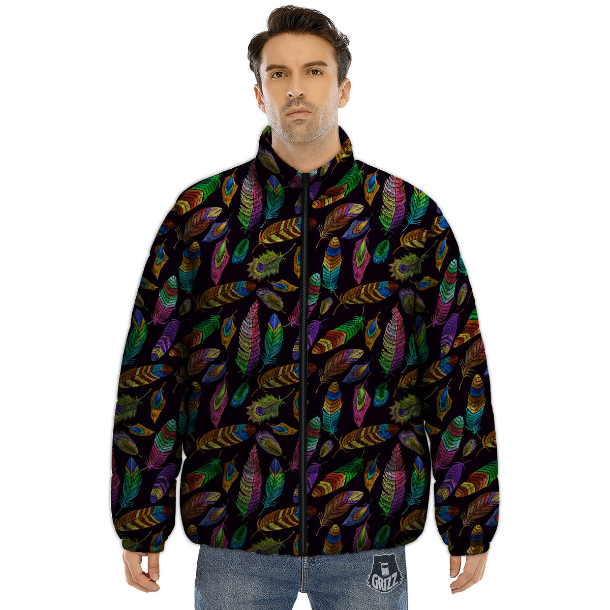 Feather Native Print Pattern Puffer Jacket-grizzshop