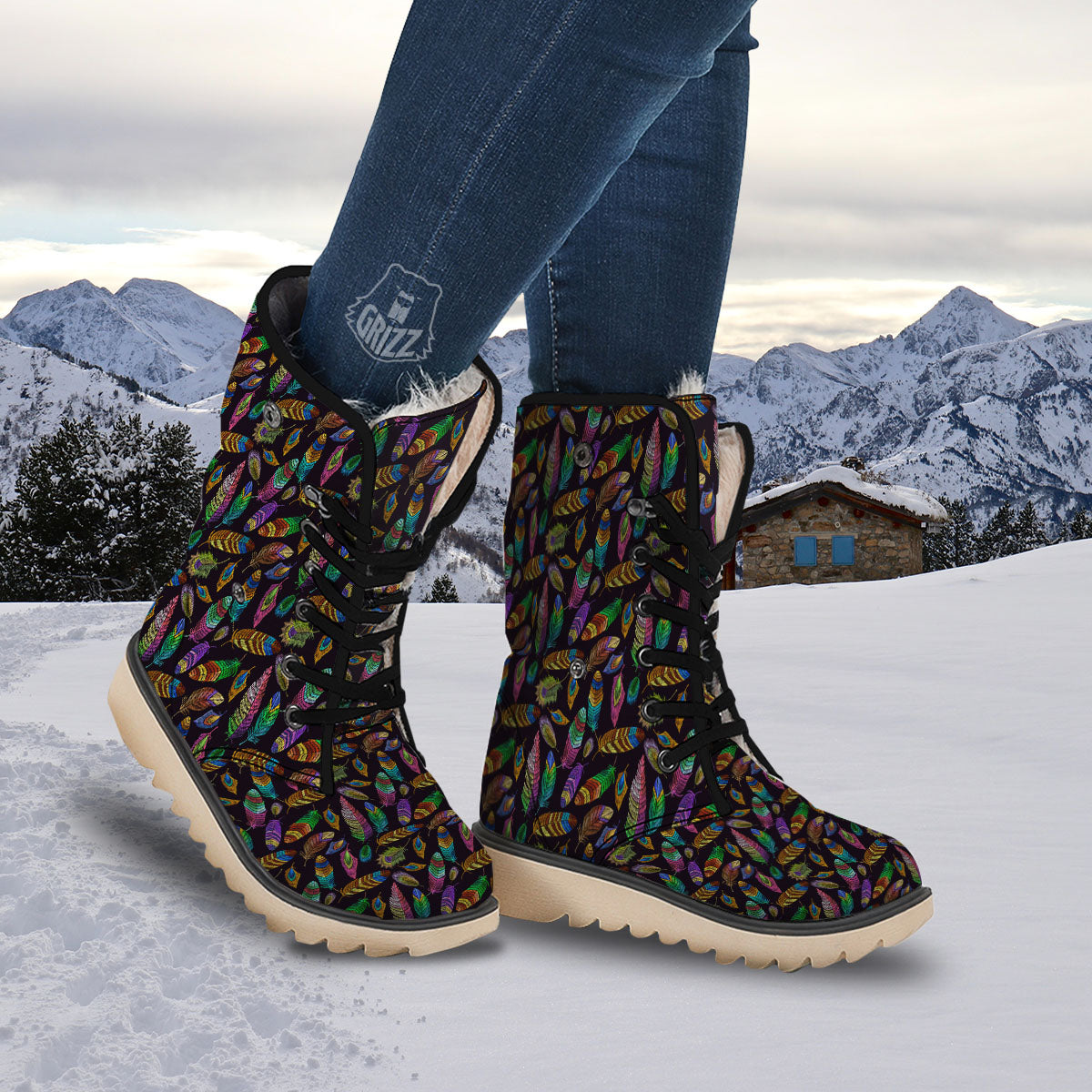Feather Native Print Pattern Snow Boots-grizzshop